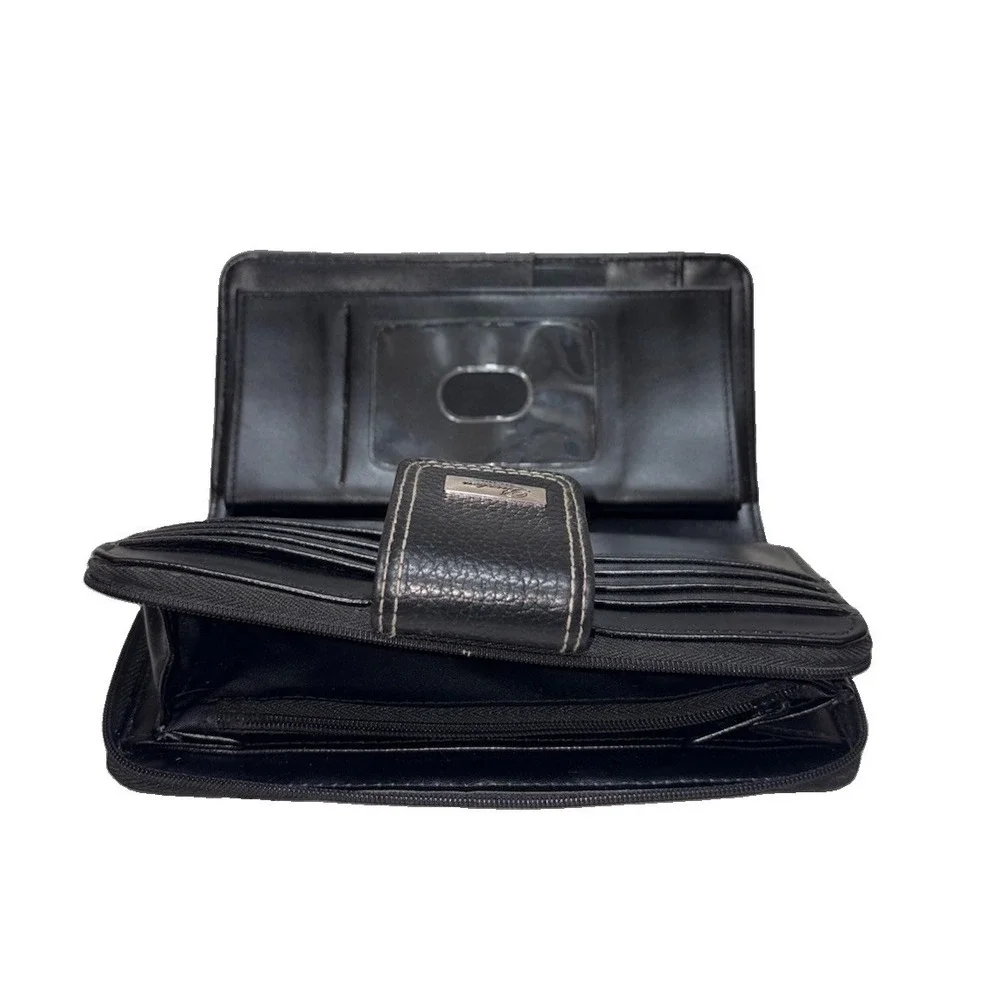Buxton Westcott Women's Black Leather Organizer Clutch Wallet Zip Around Tab